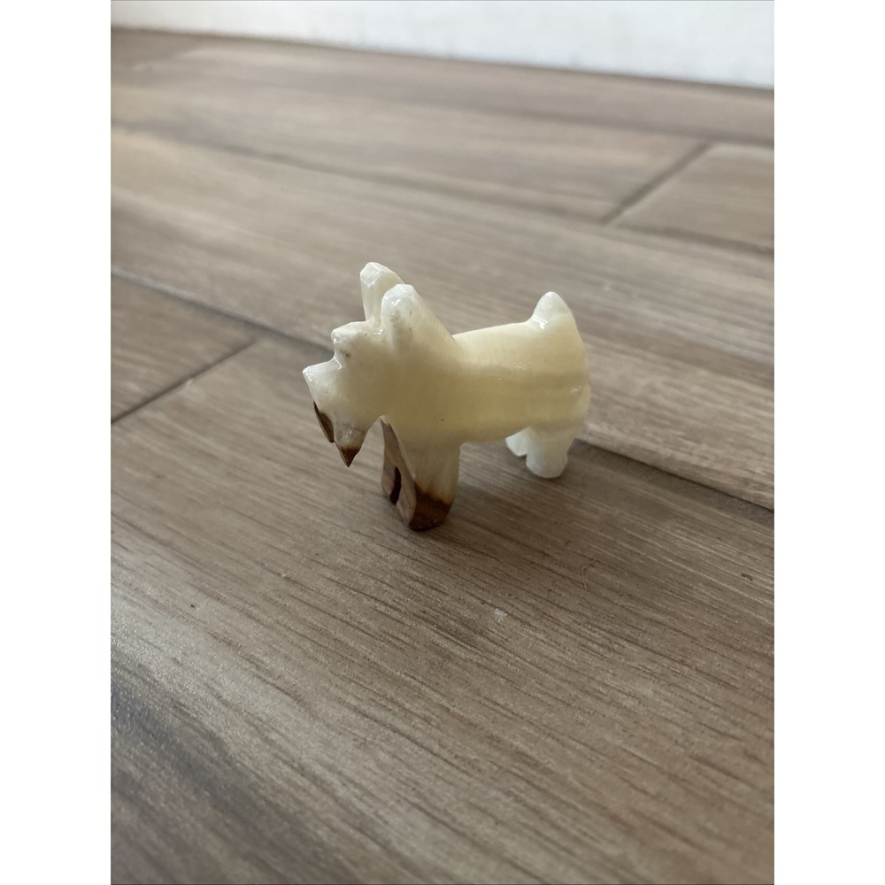 Vintage Carved Stone Scottish Terrier Dog Figurine White Brown Onyx Alabaster